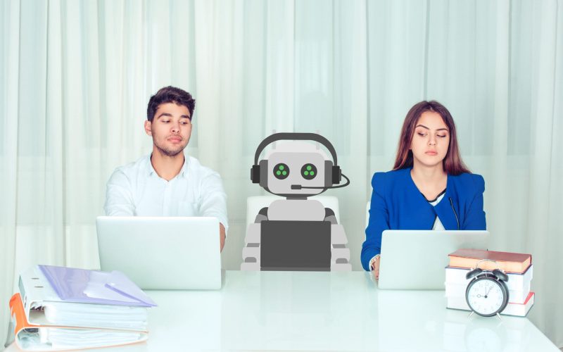 Skeptical,Corporate,Employees,At,Work,Looking,At,Robot,Colleague,With